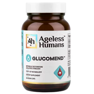 Szklany brązowy słoiczek suplementu Ageless Humans Glucomend z białą etykietą i logo marki, sfotografowany na jasnym tle w ujęciu produktowym.