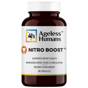 Wellness 1 Butelka suplementu Ageless Humans Nitro Boost o pojemności 90 kapsułek, z białą etykietą i minimalistycznym designem, ukazująca logo marki i główne działanie produktu.