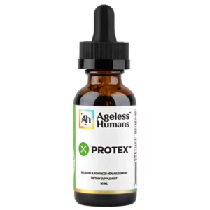 Brązowa butelka z pipetą Ageless Humans PROTEX™ – suplement diety wspomagający odnowę i naprawę komórkową, pojemność 30 ml.