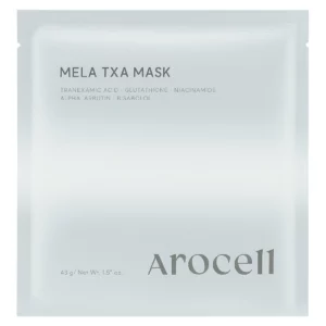 Saszetka maski Arocell Mela TXA Mask o minimalistycznym, srebrzystym wykończeniu — produkt rozświetlający z kwasem traneksamowym, glutationem, niacynamidem, alfa-arbutyną i bisabololem, w eleganckim opakowaniu 43 g.