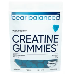 Zdjęcie opakowania Bear Balanced Creatine Gummies w wersji blueberry z niebieskimi żelkami.