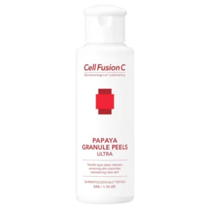 Produkt Cell Fusion C Papaya Granule Peels Ultra w minimalistycznym ujęciu na białym tle – hipoalergiczny, łagodny peeling enzymatyczny z papają do pielęgnacji twarzy.
