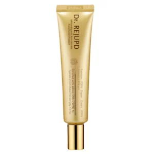 Tubka kremu Dr. Rejupd Premium PDRN Repair Cream w eleganckim, złotym opakowaniu z błyszczącą metaliczną nakrętką, ustawiona pionowo na białym tle; minimalistyczny design podkreśla luksusowy charakter produktu regenerującego.
