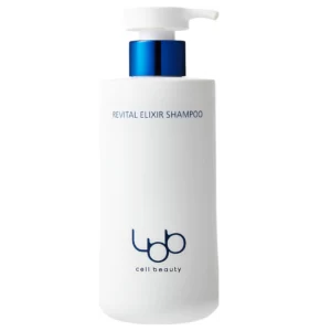 Minimalistyczna biała butelka LBB Revital Elixir Shampoo 400 ml z niebieską pompką i granatowym logo LBB, sfotografowana na czystym, białym tle.