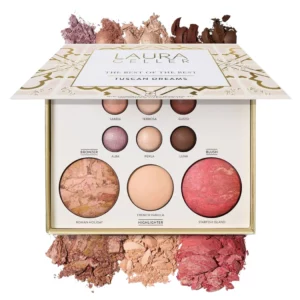 Zdjęcie otwartej palety Laura Geller Tuscan Dreams z widocznymi marmurkowymi odcieniami cieni, bronzera, rozświetlacza i różu, przedstawionymi wraz z próbkami kolorów.
