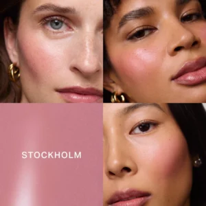 Odcień Stockholm kremowego różu Merit Flush Balm zaprezentowany na różnych typach urody; jasnoróżowy odcień nadaje policzkom miękki, delikatny glow.