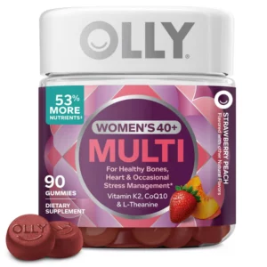 Front opakowania OLLY Women’s 40+ Multi w smaku truskawkowo-brzoskwiniowym, 90 żelek, z witaminą K2, koenzymem Q10 i L-teaniną.