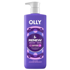 Fioletowa butelka OLLY Renew Mood + Skin Body Wash z białą pompką, sfotografowana na czystym białym tle.