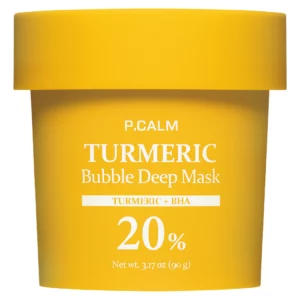 Żółty słoiczek P.CALM Turmeric Bubble Deep Mask pokazany na białym tle, z wyraźnym napisem Turmeric + BHA 20% na etykiecie.