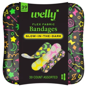 Sale 12 Opakowanie Welly Glow-in-the-Dark Flex Fabric Bandages, z przodu ozdobione czarną etykietą z neonowymi napisami i grafikami; na środku widoczne trzy plastry w świecących, imprezowych wzorach, a w rogu informacja o liczbie 39 sztuk.