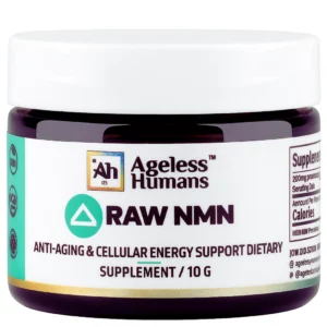 Wellness 5 Słoiczek suplementu Ageless Humans Raw NMN o pojemności 10 g, z białą etykietą i charakterystycznym logo marki, przedstawiony na jasnym tle w ujęciu frontowym.