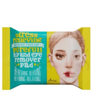 Opakowanie Ariul Purefull Lip and Eye Remover Pad z ilustracją twarzy i kolorowym projektem w odcieniach żółci i turkusu.