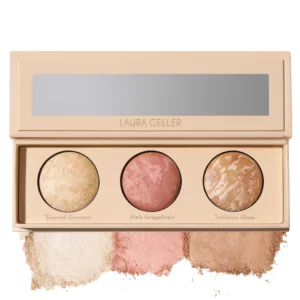 Otwarta paleta Laura Geller z trzema wypiekanymi produktami: rozświetlaczem Toasted Coconut, różem Pink Grapefruit i bronzerem Tahitian Glow, wraz z ich rozkruszonymi swatchami na białym tle.