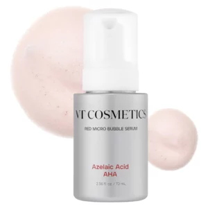 VT Cosmetics Azelaic Acid AHA Red Micro Bubble Serum – opakowanie produktu z widoczną bąbelkową teksturą.