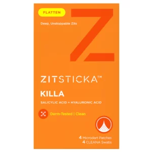 ZitSticka KILLA – opakowanie plastrów na trądzik z mikrowypustkami, 4 plastry i 4 waciki CLEANA.