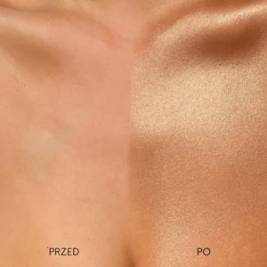 Porównanie efektu przed i po zastosowaniu Dolce Glow Mia Instant Body Glow na skórze.
