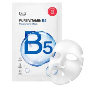 Opakowanie Dr.G Pure Vitamin B5 Moisturizing Mask z dużym symbolem B5 oraz biała maska w płachcie ułożona obok saszetki na jasnym tle.