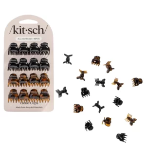 Opakowanie zestawu Kitsch Micro Cloud Clips z 16 mini klamerkami do włosów w kolorze czarnym i tortoise, zapewniającymi całodzienny chwyt i delikatne upięcie fryzury.