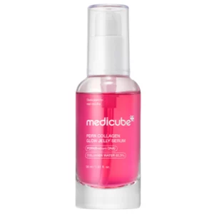 Butelka Medicube PDRN Collagen Glow Jelly Serum na białym tle, koreańskie serum rozświetlające i nawilżające do twarzy.