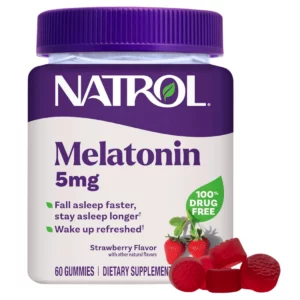 Natrol Melatonin 5 mg – suplement diety w żelkach o smaku truskawkowym, 60 gummies, wsparcie snu i zasypiania