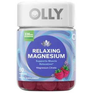 Opakowanie OLLY Relaxing Magnesium z przodu, 60 żelków z magnezem wspomagających relaks mięśni i układ nerwowy.
