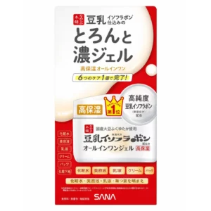Front opakowania SANA Nameraka Honpo Soy Milk Isoflavone All-in-One Gel w kolorach białym i czerwonym, z japońskimi napisami informującymi o wysokim nawilżeniu, formule 6-w-1 oraz zawartości izoflawonów sojowych.