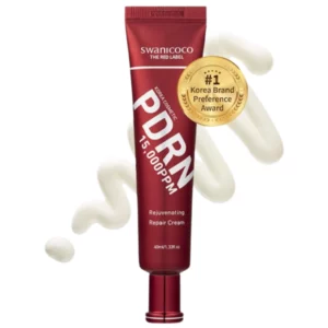 Swanicoco The Red Label PDRN 15,000ppm Rejuvenating Repair Cream z widoczną konsystencją, koreański krem regenerujący z PDRN wspierający odnowę skóry.