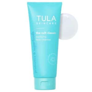 TULA The Cult Classic Purifying Face Cleanser - oczyszczający żel do mycia twarzy z probiotycznymi ekstraktami i superfoods, w charakterystycznej turkusowej tubie na białym tle.