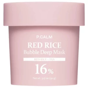 P.CALM Red Rice Bubble Deep Mask 90 g – różowe opakowanie maski bąbelkowej z czerwonym ryżem i TXA do głębokiego oczyszczania porów.