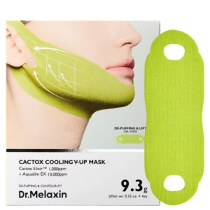 Dr. Melaxin Cactox Cooling V-Up Mask – maska liftingująca na podbródek z eliksirem kaktusowym, opakowanie i zielona maska w formie płata.