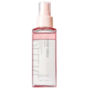 Zbliżenie na butelkę Delere Caviar Glow Soothing Mist – luksusowa mgiełka z efektem glow i szklanym wykończeniem.