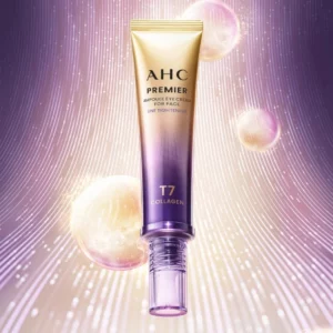 Krem AHC Premier Ampoule Eye Cream T7 Collagen na futurystycznym tle, wizualizacja działania liftingującego i ujędrniającego.