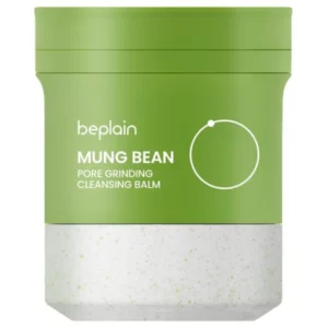 Beplain Mung Bean Pore Grinding Cleansing Balm – balsam oczyszczający z ekstraktem z fasoli mung, dokładne oczyszczanie porów i demakijaż w zielonym słoiku.