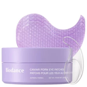 Opakowanie Biodance Caviar PDRN Eye Patches z widocznymi hydrożelowymi płatkami i dołączoną szpatułką, przeznaczone do pielęgnacji okolicy oczu.