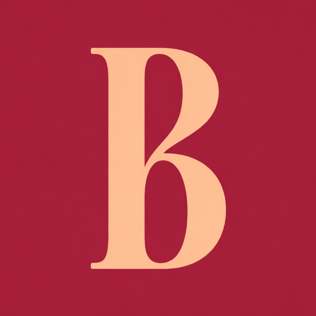 Beżowa litera „B” w eleganckim kroju serif na bordowym tle – minimalistyczne logo marki.