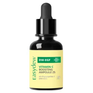 Zbliżenie na butelkę Easydew DW-EGF Vitamin C Boosting Ampoule 25 z czarną pipetą i żółtą etykietą, prezentujące opakowanie produktu do pielęgnacji z wysoką zawartością witaminy C.