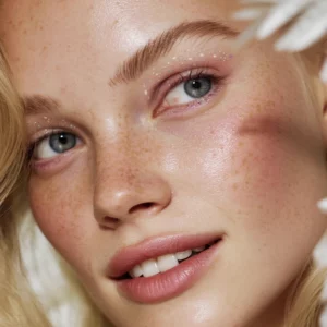 Fazit Snowflake na policzkach i nosie z delikatnie podkreślającymi look drobinkami, efekt retro glam i nowoczesnego glow, editorial beauty look.