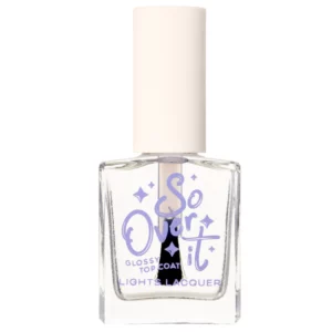 Lights Lacquer So Over It Glossy Top Coat – bezbarwny top coat do paznokci o wysokim połysku w szklanej butelce z białą nakrętką.