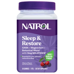 Opakowanie suplementu Natrol Sleep & Restore w formie żelek, z melatoniną 5 mg, GABA i magnezem, wspierającego spokojny sen i nocną regenerację.