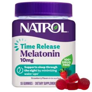 Natrol Time Release Melatonin 10 mg Strawberry – suplement diety w żelkach o smaku truskawkowym, 55 gummies, wsparcie snu bez uzależnienia.
