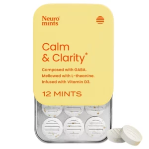 Neuro Mints Calm & Clarity – suplement diety z GABA 130 mg, L-teaniną 130 mg i witaminą D3, bez aspartamu, bez glutenu i bez nabiału.