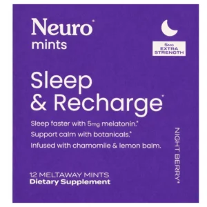 Neuro Mints Sleep & Recharge Night Berry 5 mg melatoniny – 12 meltaway mints, suplement diety wspierający zasypianie i regenerację nocną z rumiankiem i melisą.
