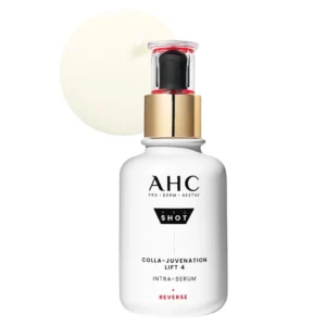 Butelka AHC Colla-Juvenation Lift 4 Intra Serum na jasnym tle z widoczną konsystencją produktu w tle.