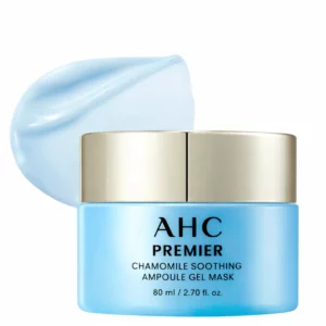 Słoiczek AHC Premier Chamomile Soothing Ampoule Gel Mask z widoczną lekką, żelową konsystencją produktu.