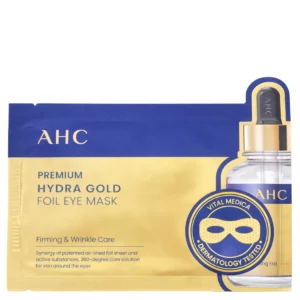 Opakowanie AHC Premium Hydra Gold Foil Eye Mask w niebiesko-złotej saszetce na jasnym tle.