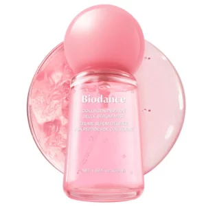 Zdjęcie produktu biodance collagen peptide jelly serum mist koreańska mgiełka do twarzy z kolagenem i peptydami efekt glass skin, z tyłu opakowania konsystencja produktu.