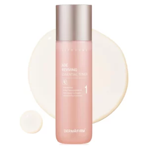 Dermafirm Age Reviving Essential Hydrating Toner A4 – nawilżający toner do twarzy z astaksantyną i kolagenem, pokazany obok kropli lekkiej, esencyjnej formuły.
