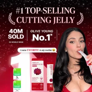 FOODOLOGY Coleology Cutting Jelly – grafika promocyjna z informacją o 40 milionach sprzedanych sztuk, nagrodach Olive Young oraz opakowaniu produktu obok modelki spożywającej galaretkę ze sticka.