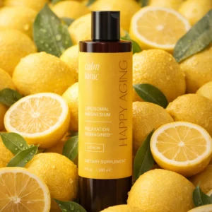 Na zdjęciu widoczna jest butelka Happy Aging Liposomal Magnesium ustawiona na tle świeżych cytryn i zielonych liści. Kompozycja podkreśla cytrusowy charakter produktu oraz jego świeżość i energetyzujący vibe.