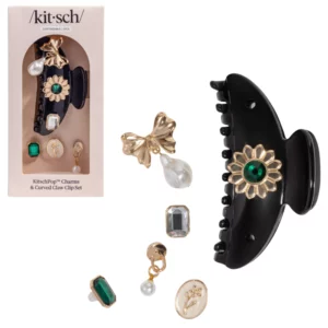Kitsch ozdobna spinka do włosów typu claw clip z zielonym kamieniem – elegancki czarny klips do upięć, mocne trzymanie i biżuteryjny detal do stylizacji włosów.